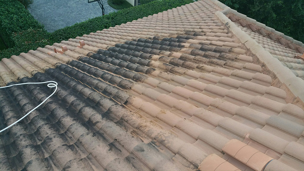 An absolutely filthy and stained rooftop with black streaks